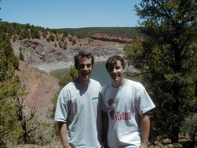 Tyler and Jon Mills above a reservoir in Blue Canyon.